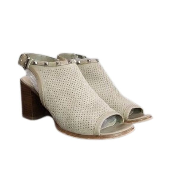 MARC FISHER Parso taupe suede studded peep toe block heel sandals - Picture 1 of 13